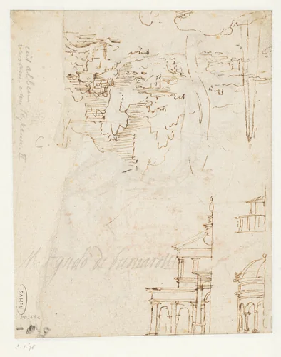 Twee architectuurstudies en een landschap met een obelisk by Unknown, drawing, 1536