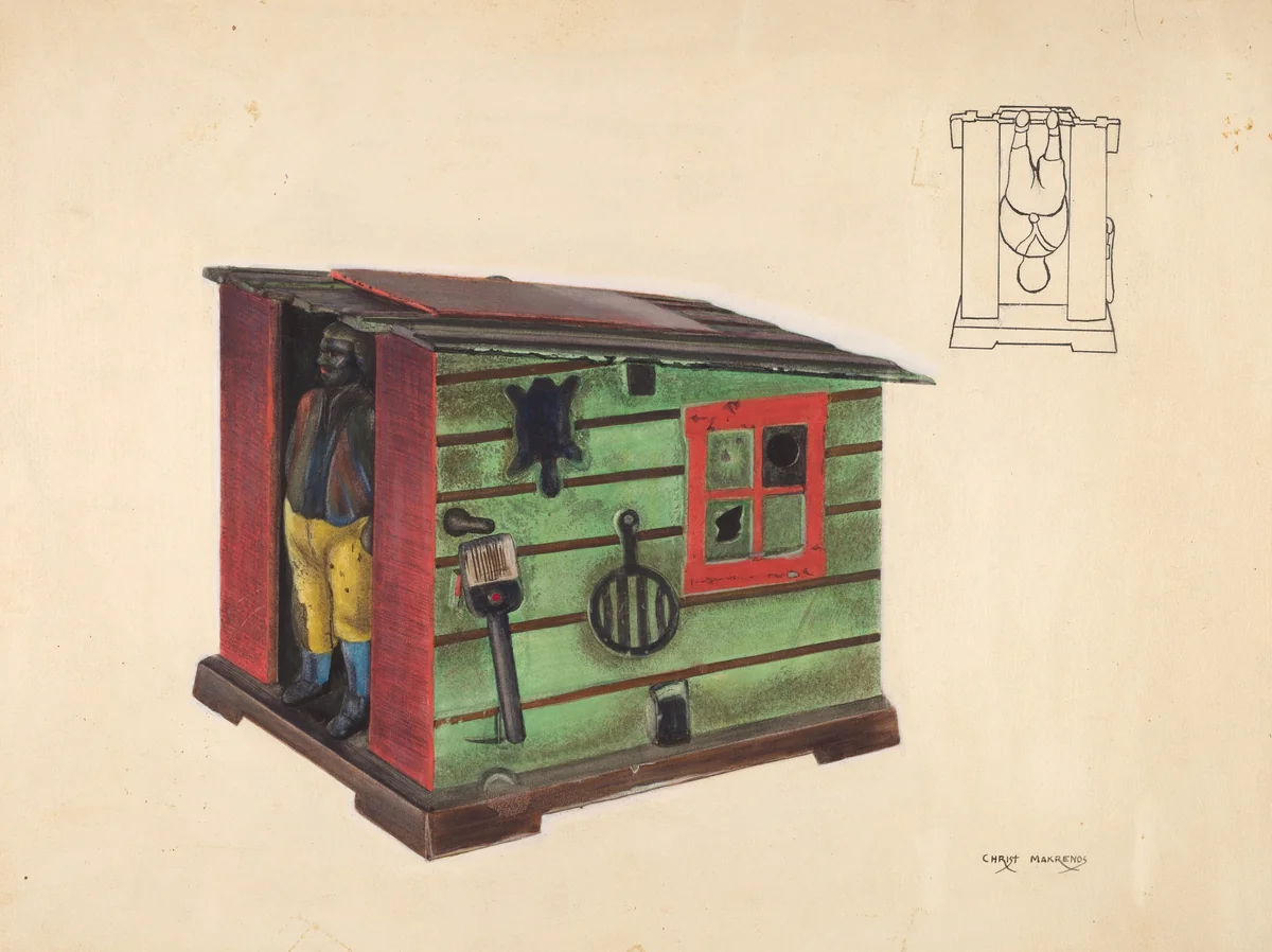Toy bank: Man in a Cabin by Chris Makrenos, index of american design, 1937