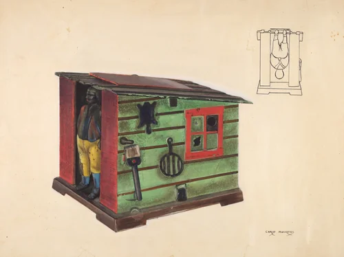 Toy bank: Man in a Cabin by Chris Makrenos, index of american design, 1937