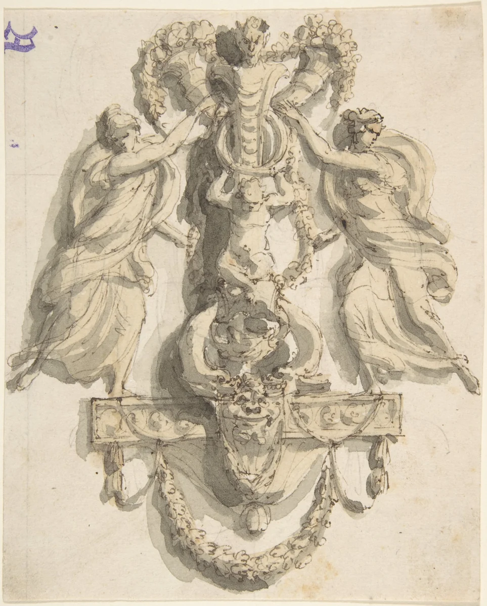 Design for a Door-Knocker (?) With Two Nymphs by Giacomo Rossi, drawing, 1700-1800