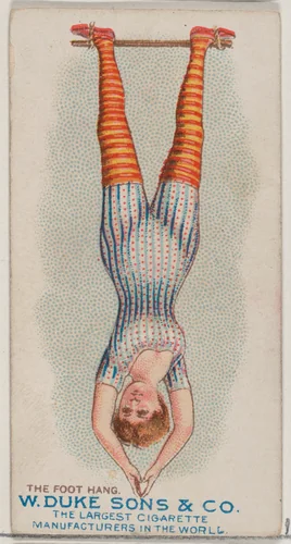The Foot Hang, from the Gymnastic Exercises series (N77) for Duke brand cigarettes by W. Duke, Sons & Co., print, 1887