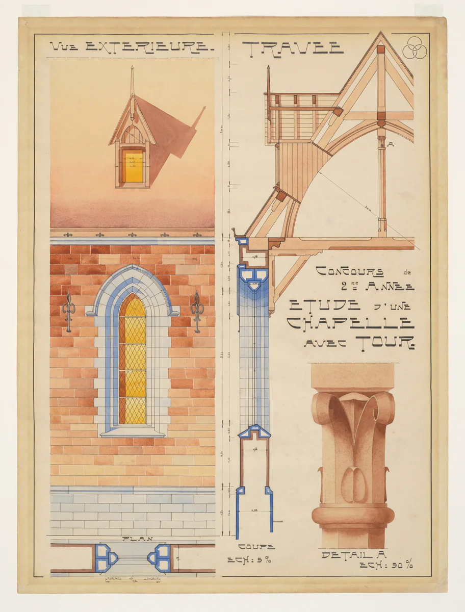 Second Year Competition Drawing for a Chapel with a Tower and a Vaulted Ceiling by R. de Clerck, drawing, 1895-1905