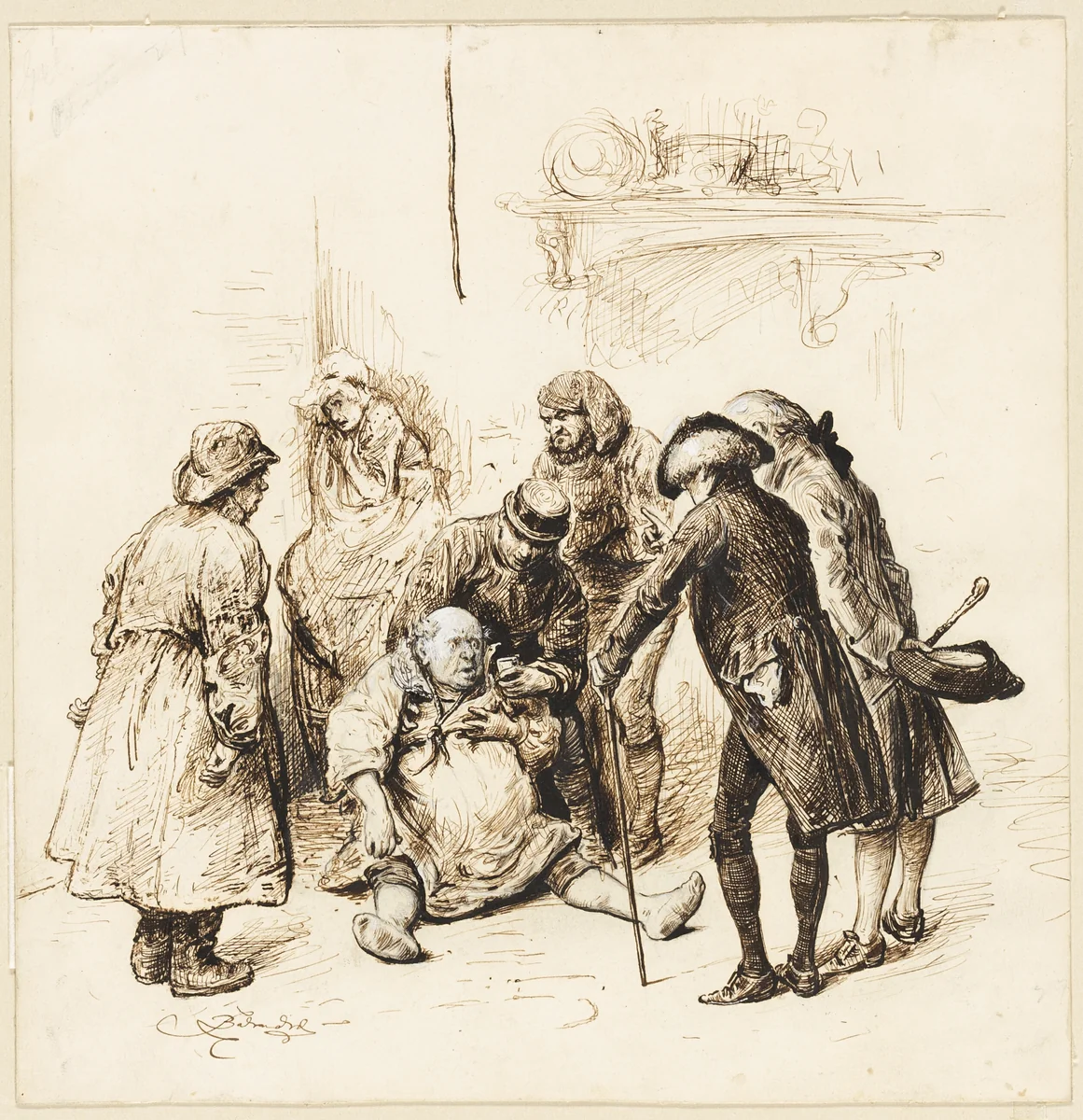 Two Gentlemen Helping a Drunk by Frederick Barnard, drawing, 1880-1896