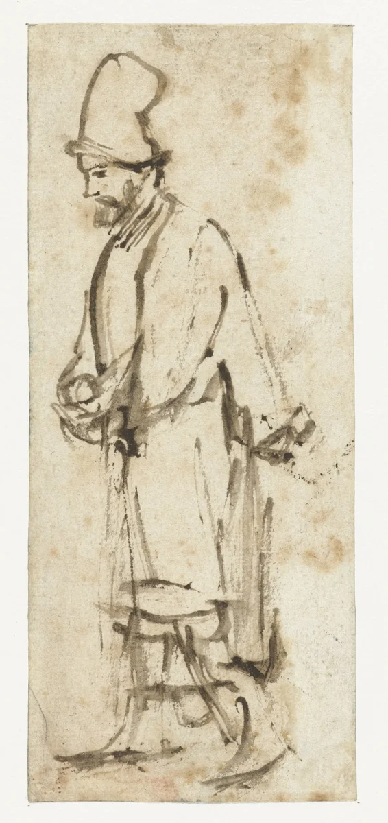 Lopende man met hoge muts by Rembrandt van Rijn, drawing, 1655-1660