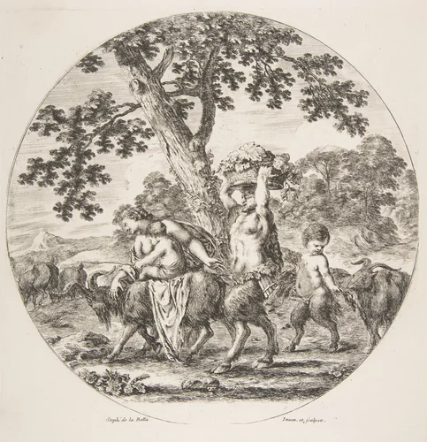 Satyr family walking towards the left with two goats and a basket of grapes by Stefano della Bella, print, 1652-1662