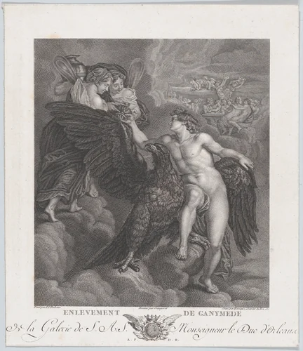 Ganymede, leaning on an eagle, receiving the cup from Hebe by Benoît Louis Henriquez, print, 1786