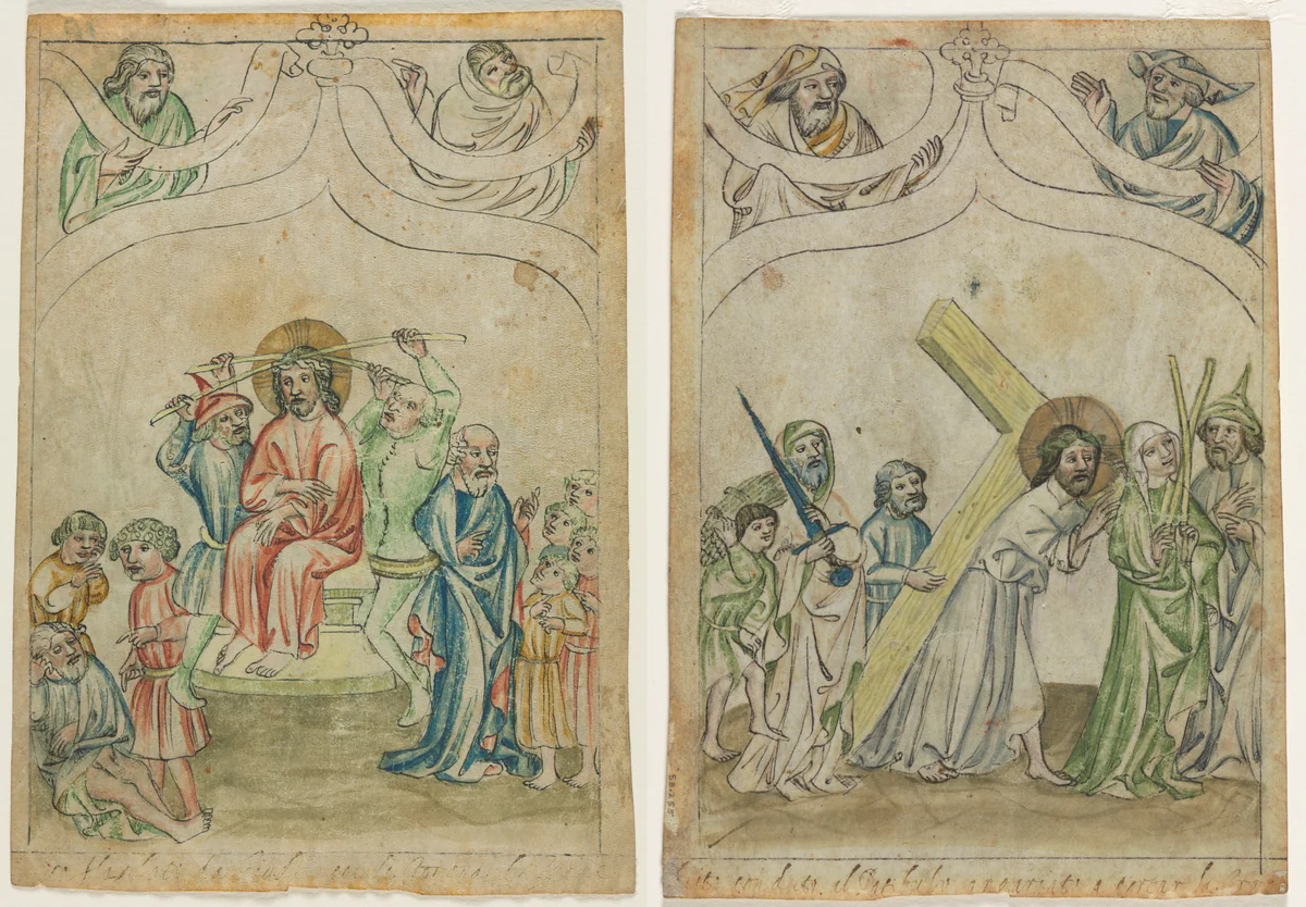 Single Leaf from a "Biblia Pauperum": Christ Crowned with Thorns (recto) Christ Carrying the Cross (verso) by Unknown, manuscript, 1405-1415