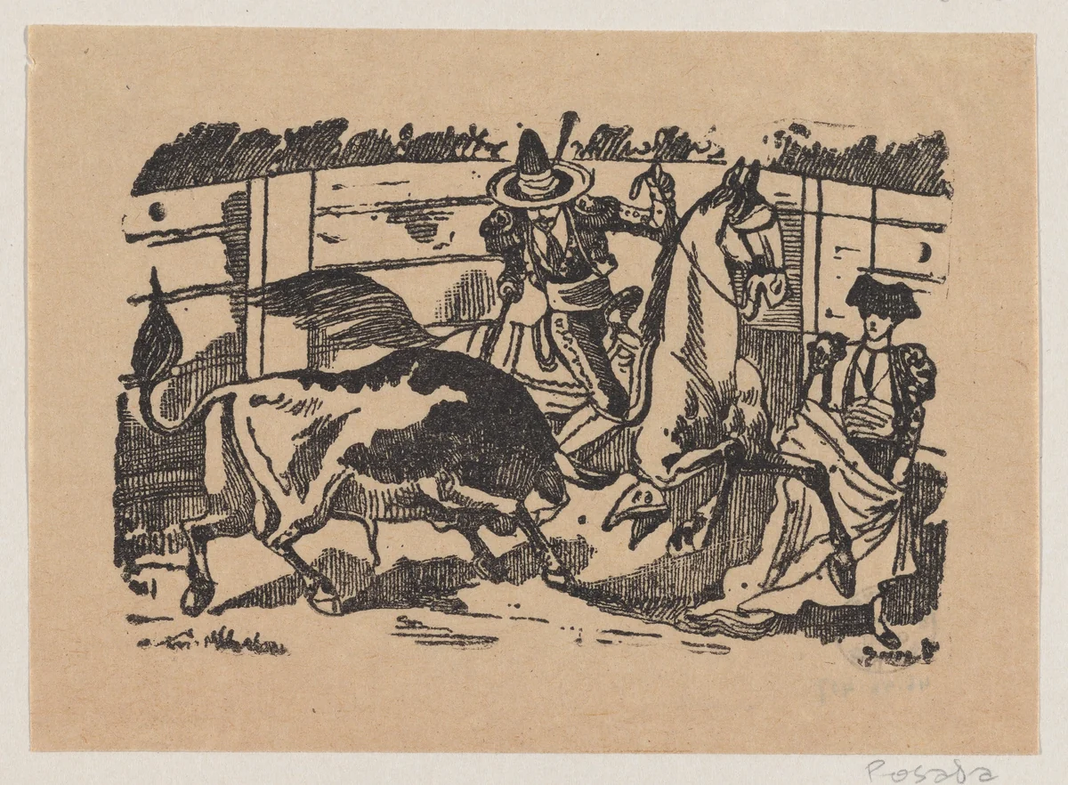 A picador on horseback stabbing a bull by José Guadalupe Posada, print, 1890-1910
