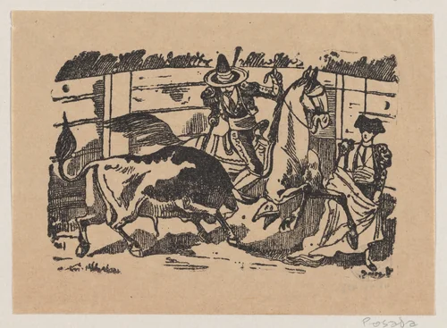 A picador on horseback stabbing a bull by José Guadalupe Posada, print, 1890-1910