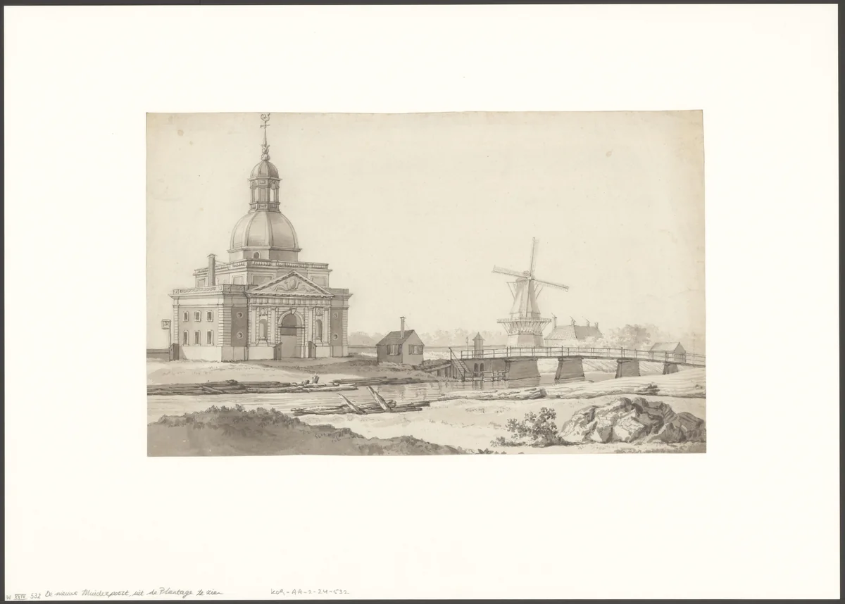 Gezicht op de Muiderpoort vanaf de Plantage Muidergracht by anonymous, drawing, 1770-1799