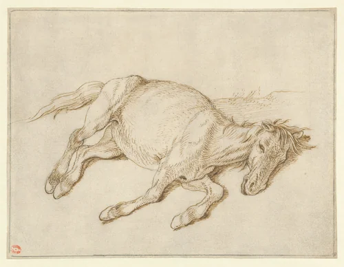 A Horse Lying on its Side by Sinibaldo Scorza, drawing, 1620-1629