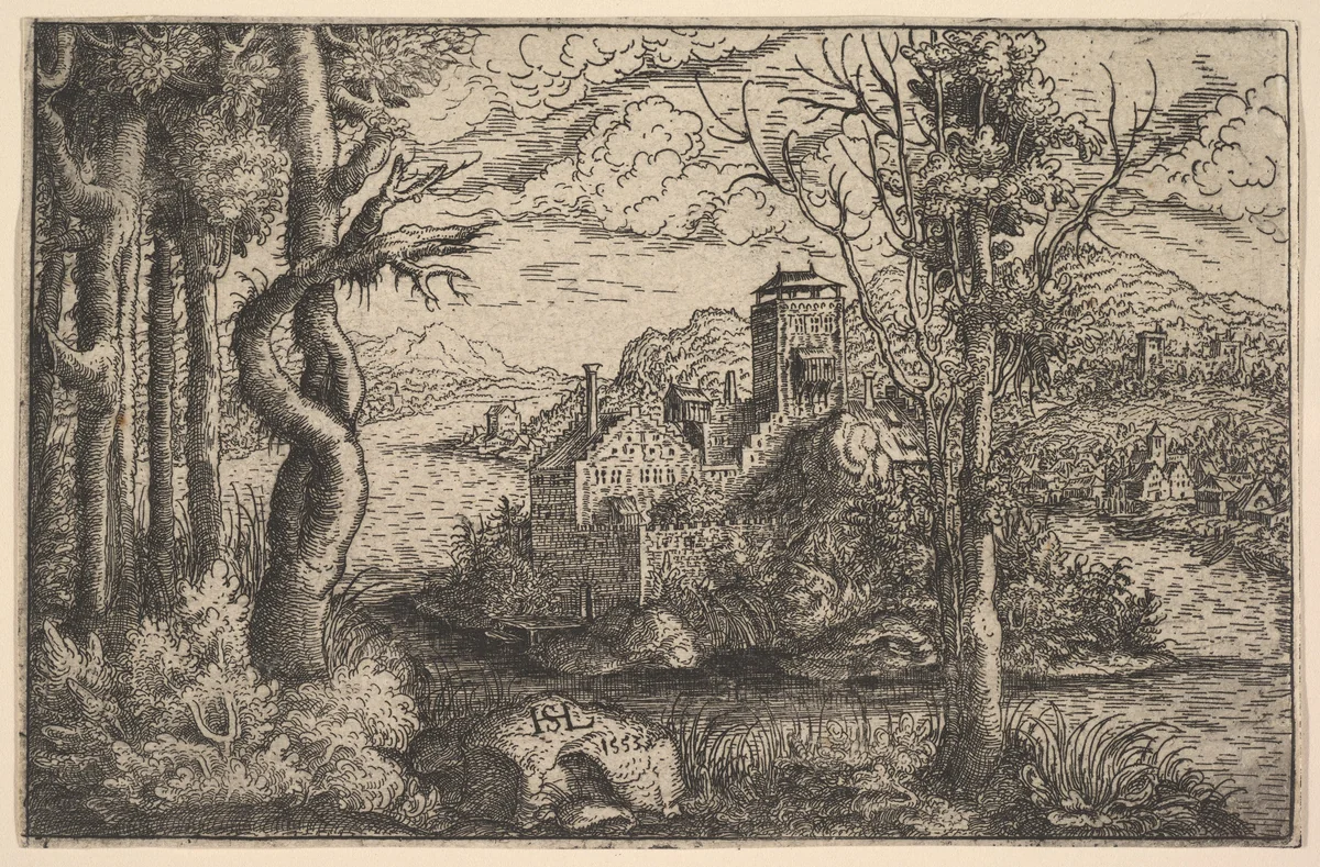 View on a River, with a Castle on an Island by Hanns Lautensack, print, 1553