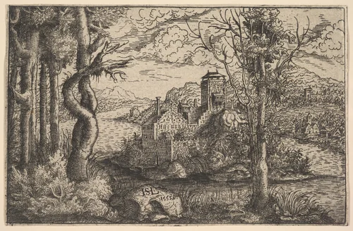 View on a River, with a Castle on an Island by Hanns Lautensack, print, 1553
