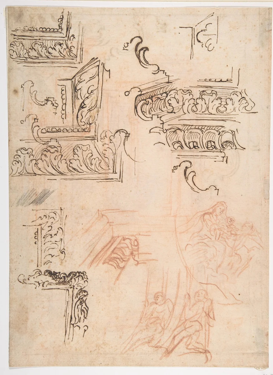 Studies of Architectural Moldings, of the Virgin and Child with a Kneeling Saint, and of Two Angels Supporting Frames (recto); Studies for Architectural Mouldings (verso) by Baldassarre Franceschini, drawing, 1611-1689