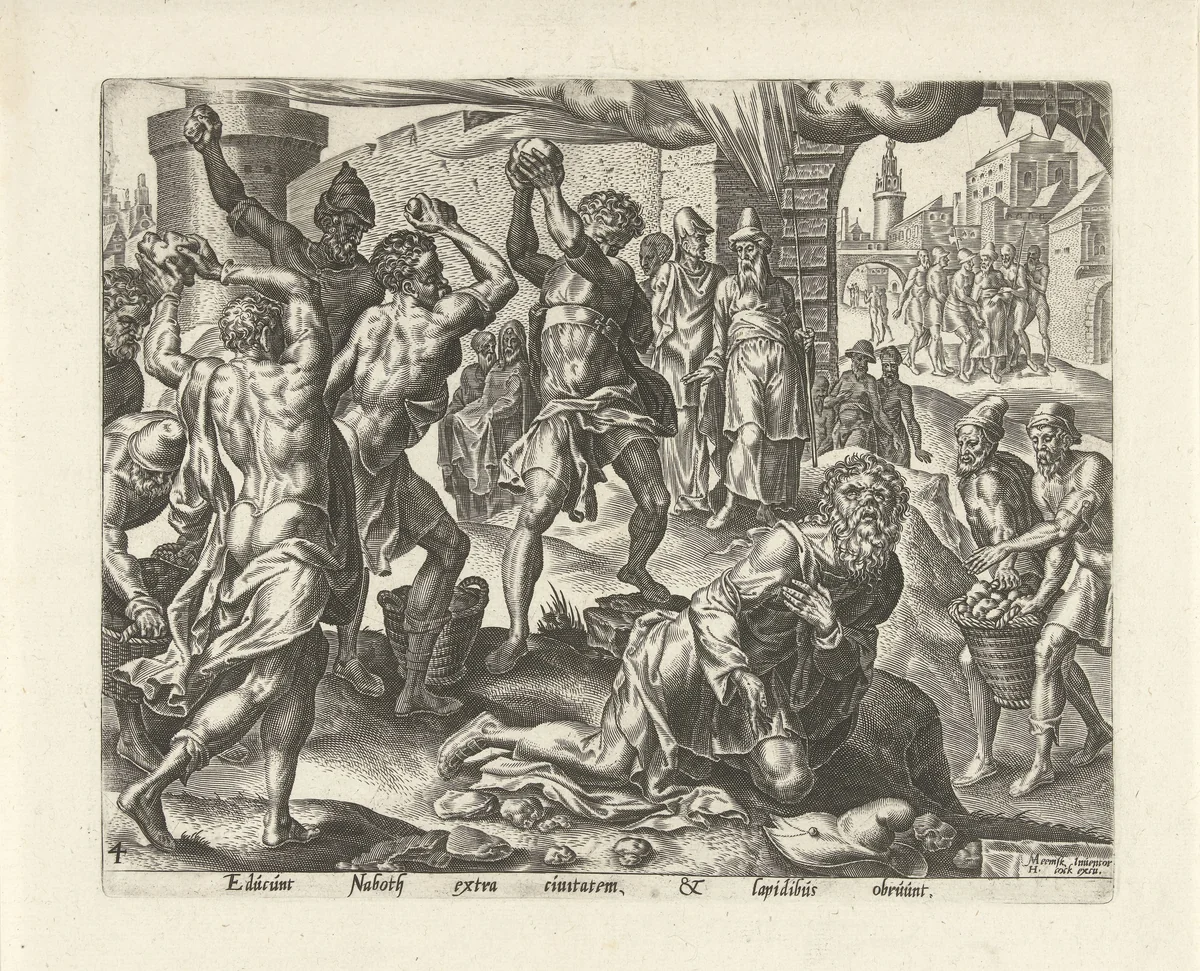 Steniging van Nabot by Philips Galle, print, 1561