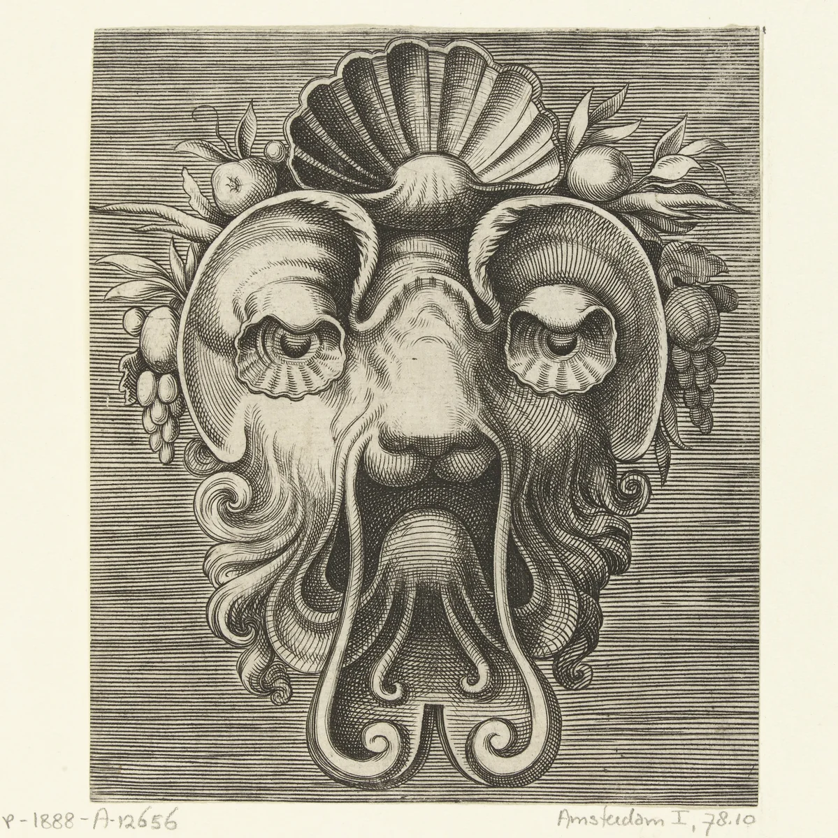 Masker met schelpvormige ogen en een schelp tussen vruchtentrossen op het voorhoofd by Frans Huys, print, 1555