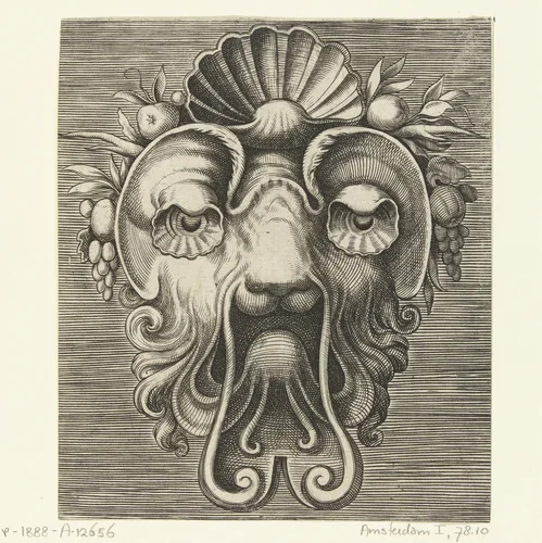 Masker met schelpvormige ogen en een schelp tussen vruchtentrossen op het voorhoofd by Frans Huys, print, 1555