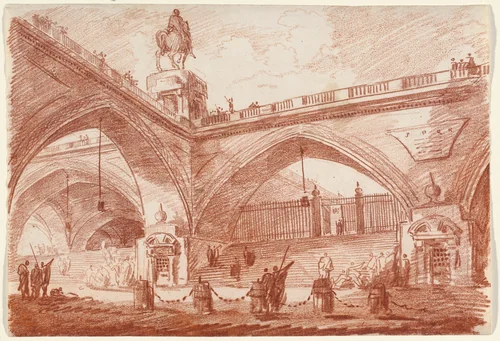 Architectural Fantasy with a Triumphal Bridge by Hubert Robert, drawing, 1760