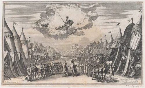 The leaders of two armies conversing, their respective troops and camps on either side; above, Minerva observes from her chariot; set design from 'Il Pomo D'Oro' by Mathäus Küsel, print, 1668