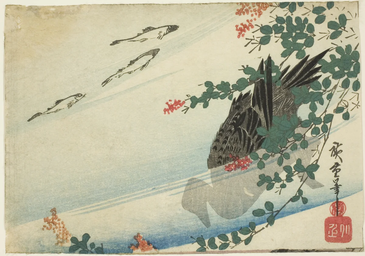 Trouts, duck, and bush clover by Utagawa Hiroshige (歌川広重), print, 1835-1845