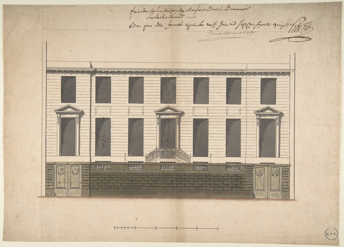 Elevation for the Court Front of the Hotel de Duval Dumanoir on Blvd. Montmartre, Paris by Pierre-Jean-Baptiste Chaussard, drawing, 1780-1823