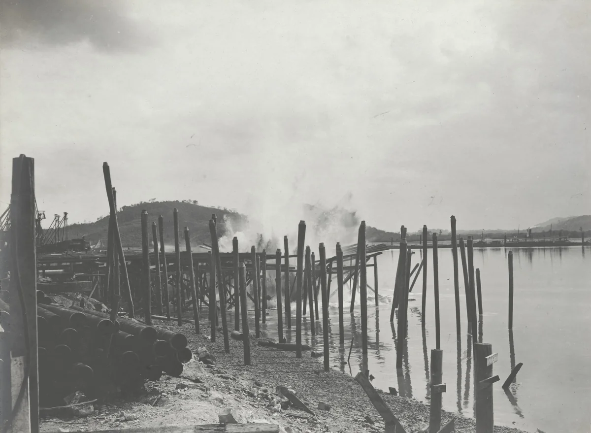 Balboa Terminals. First blast on outer toe of Cofferdam in front of Dry Dock #1 by Unidentified Photographer, photograph, 1916