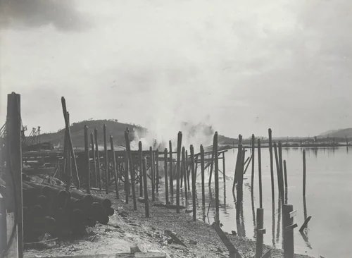 Balboa Terminals. First blast on outer toe of Cofferdam in front of Dry Dock #1 by Unidentified Photographer, photograph, 1916