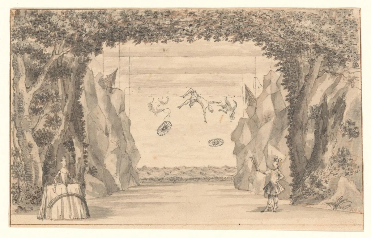Gezicht op het podium van de schouwburg van Van Campen met de val van Phaëton by anonymous, drawing, 1665-1772