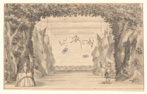Gezicht op het podium van de schouwburg van Van Campen met de val van Phaëton by anonymous, drawing, 1665-1772