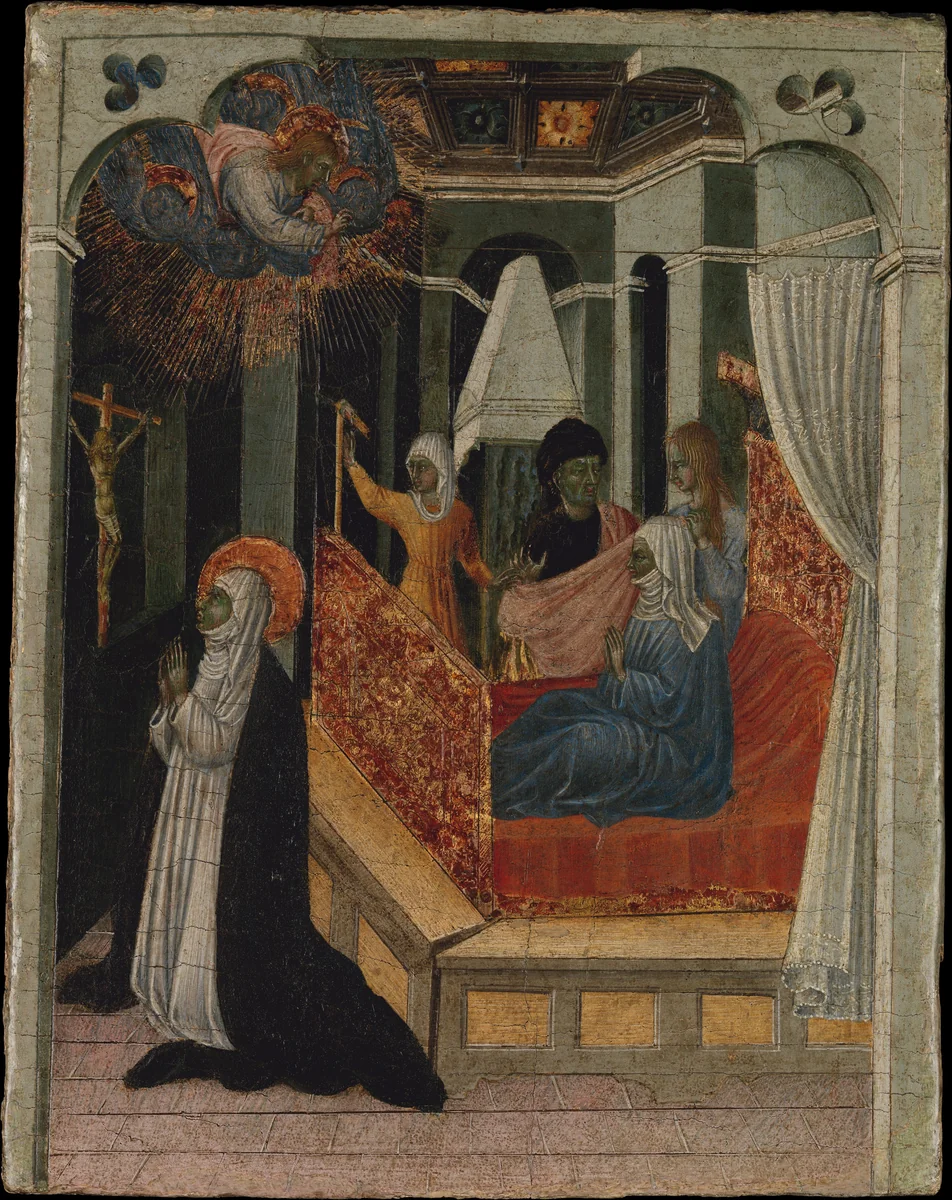 Saint Catherine of Siena Beseeching Christ to Resuscitate Her Mother by Giovanni di Paolo, painting, 1443-1468