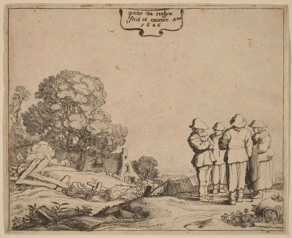 Three Peasants and a Woman by Pieter Molijn, print, 1626
