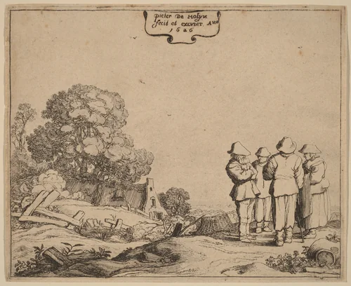 Three Peasants and a Woman by Pieter Molijn, print, 1626
