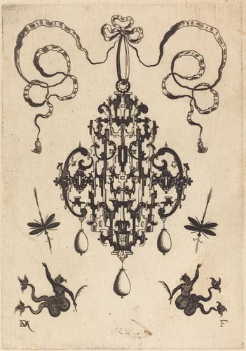 Large Pendant, Lower Left and Right Two Creatures of the Sea by Daniel Mignot, print, 1596