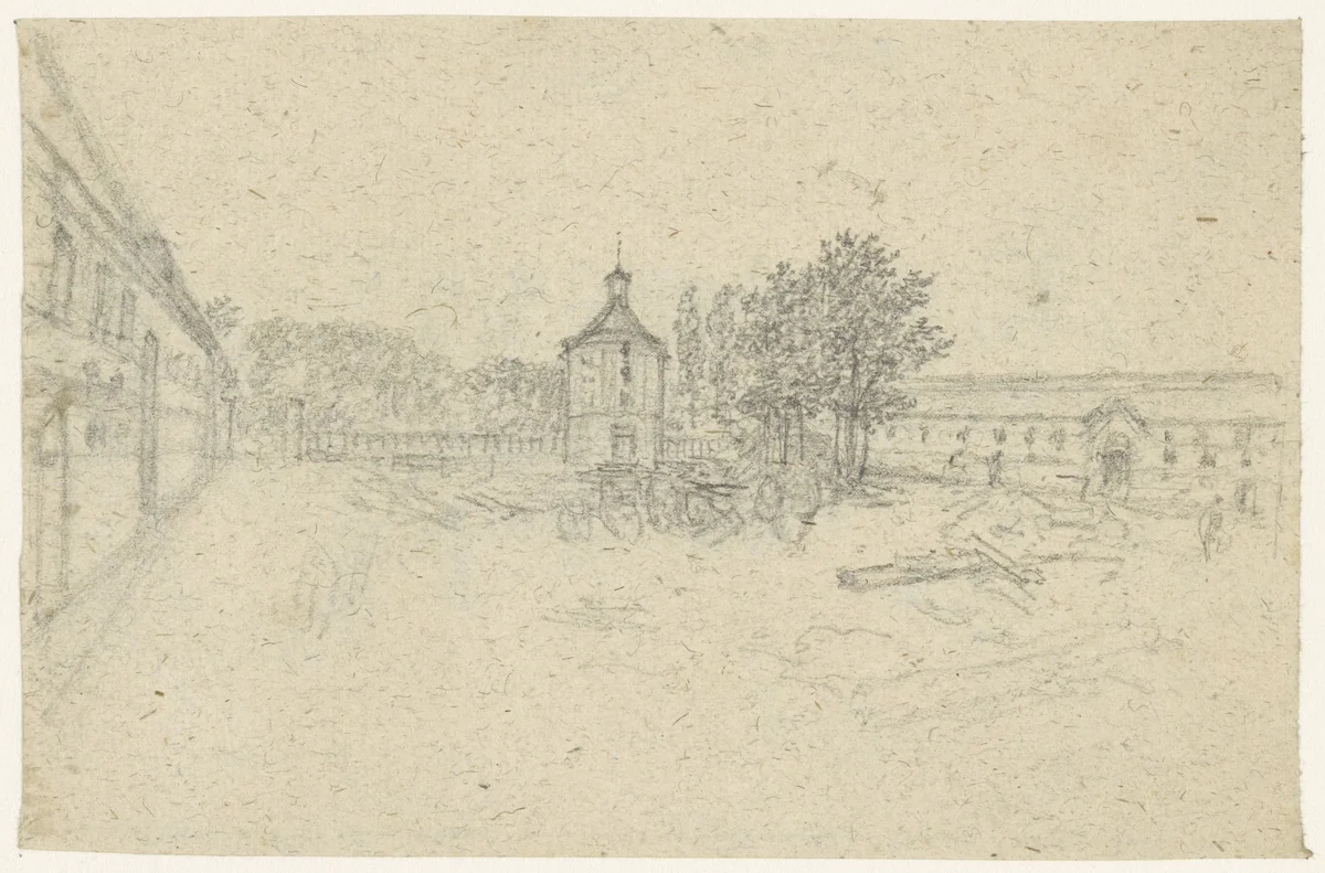 Binnenplaats van kazernes by Georges Michel, drawing, 1773-1843