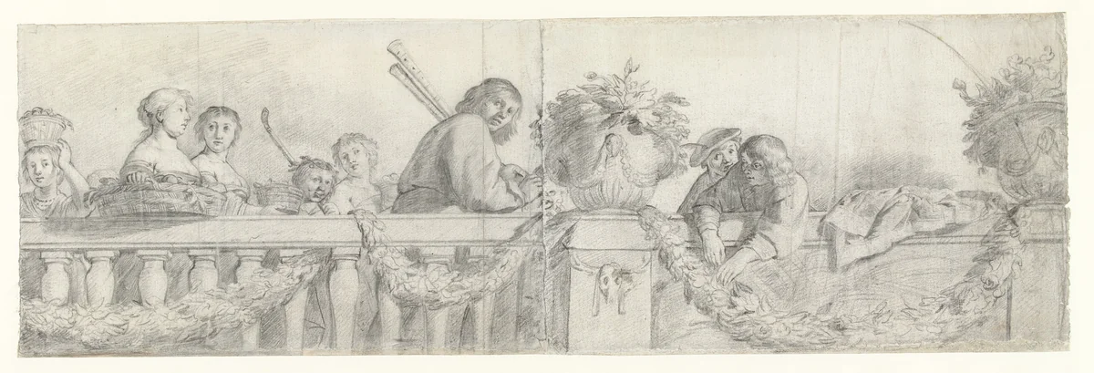 Personen op een balustrade met festoenen by Cornelis Holsteyn, drawing, 1633-1638