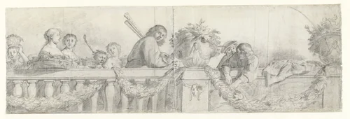 Personen op een balustrade met festoenen by Cornelis Holsteyn, drawing, 1633-1638