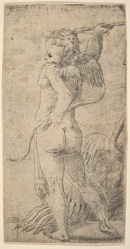 Cupid viewed from behind holding an arrow in his raised right hand, a bow in his left by Andrea Schiavone, print, 1538-1548