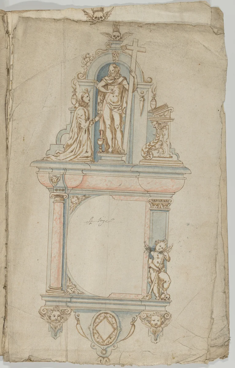 Design for a Wall Tomb with a Variant and Statues of the Resurrected Christ and a kneeling Donor by anonymous, drawing, 1600-1699