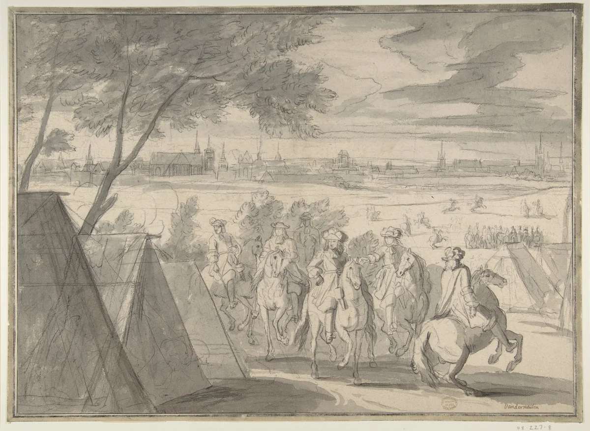 Louis XIV at the Siege of Douai, Seen from the South-East (July 1–6, 1667) by Adam Frans van der Meulen, drawing, 1645-1690