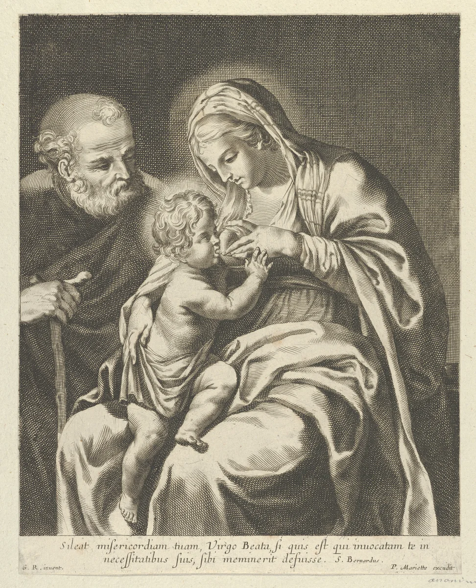 The Virgin nursing the infant Christ, Joseph at left, after Reni by anonymous, print, 1595-1705