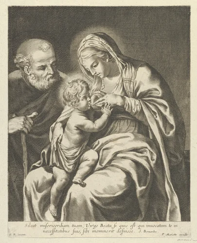 The Virgin nursing the infant Christ, Joseph at left, after Reni by anonymous, print, 1595-1705