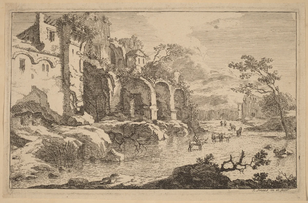 Building in Ruins at the Side of a River by Jan Smees, print, 1685-1729