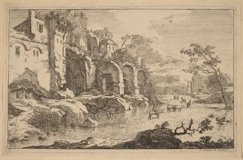 Building in Ruins at the Side of a River by Jan Smees, print, 1685-1729