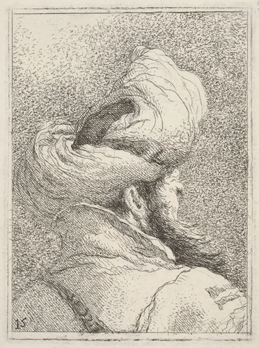 Bearded man wearing a turban, depicted in bust length from behind in three-quarters view, from "Collection of heads" (Raccolta di teste) by Giovanni Domenico Tiepolo, print, 1770
