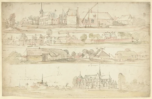 Vier gezichten op Olen en Geel in Vlaanderen by anonymous, drawing, 1682-1776