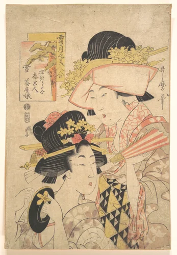 Teahouse girl and servant: Snow from the series Comparison of Snow, Moon and Flower Beauty by Kitagawa Utamaro (喜多川歌麿), print, 1754-1806