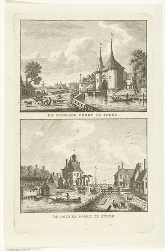 Twee stadsgezichten te Sneek: Noorderpoort en Oosterpoort by Carel Frederik Bendorp, print, 1786-1792