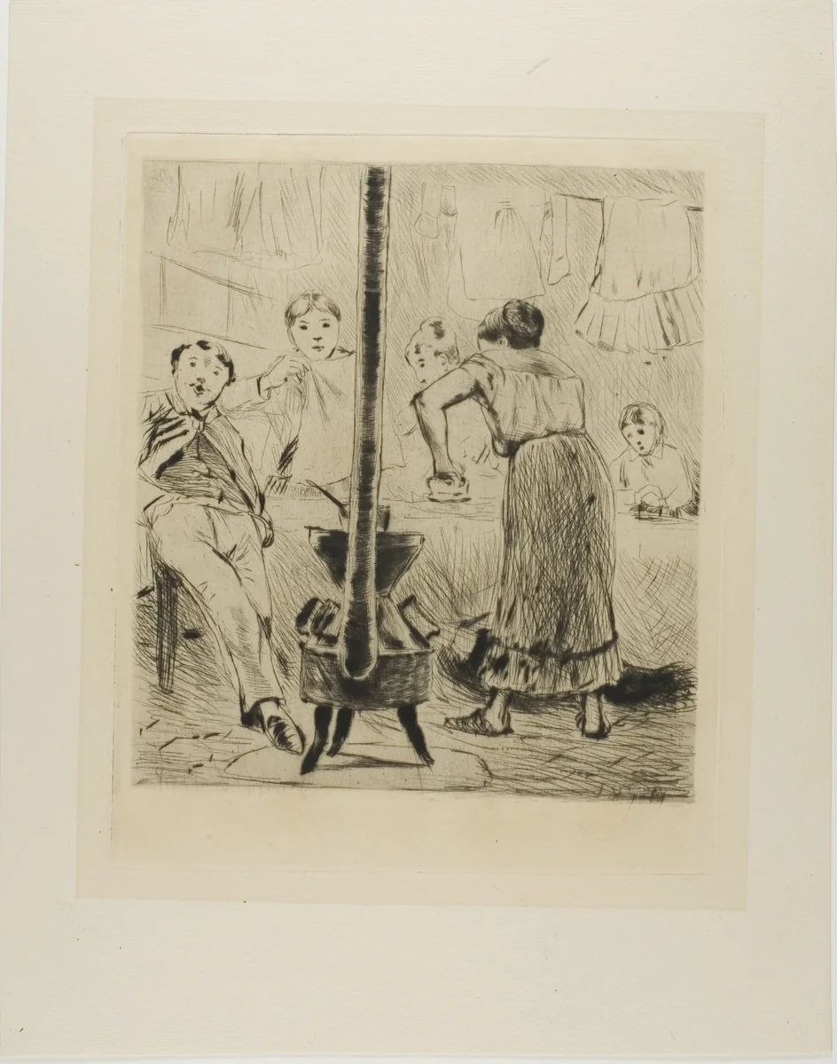 Plate from l'Assommoir (women ironing, man seated before a woodstove) by Gaston La Touche, print, 1879