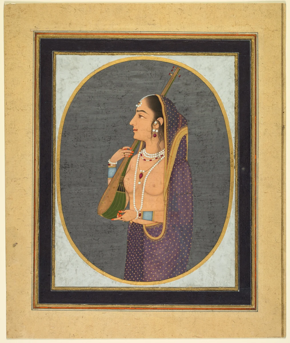 Court lady singing and playing the vina by Muhammad Rizavi, painting, 1755-1765