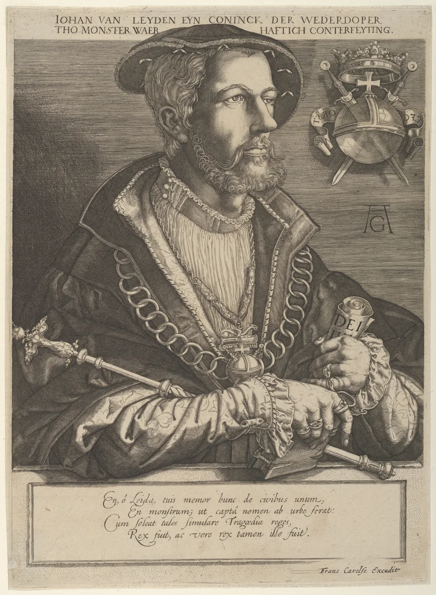 Portrait of Jan van Leiden, a Dutchman and leader of the Münster Anabaptists by Jan Muller, print, 1615
